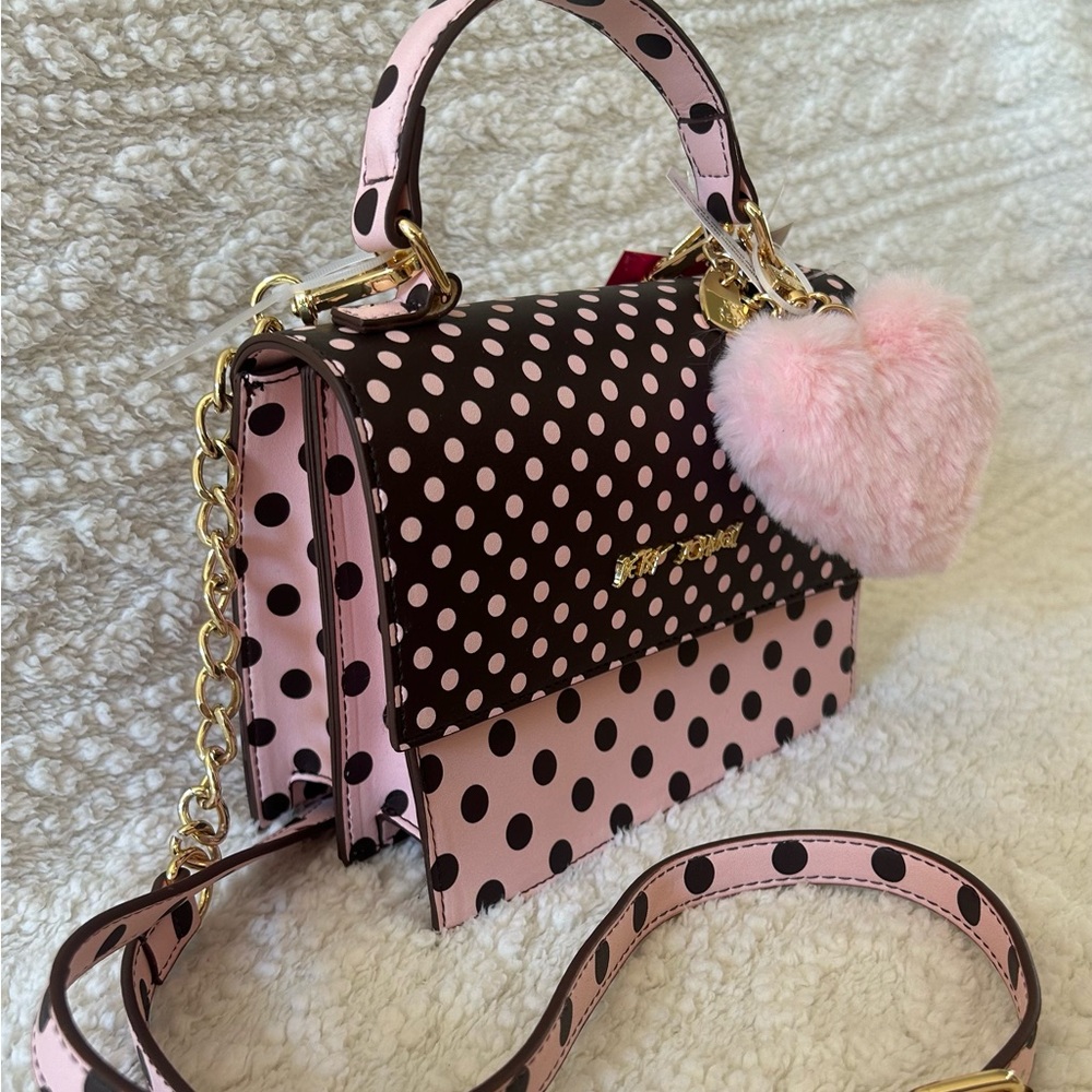 Betsey Johnson Polka Dot Bow Top Handle Crossbody Purse w/ Fluffy Pink Heart